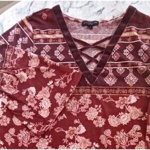 Signature Studios 1X Women Shirt Top Floral V-neck 3/4 Sleeves Boho Cottagecore